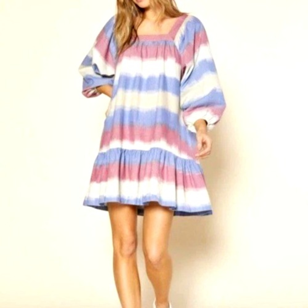 Outerknown Womens Miro Dress Sz L Blue Multicolor Oversized Wide Sleeve Boho NWT